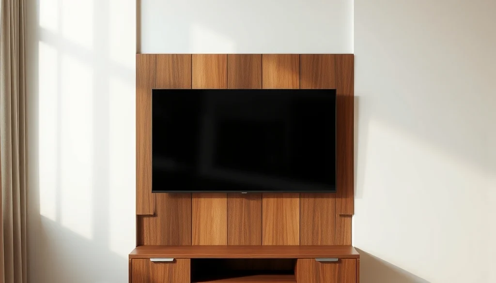 Panel dinding dan kabinet TV kayu jati dalam interior modern