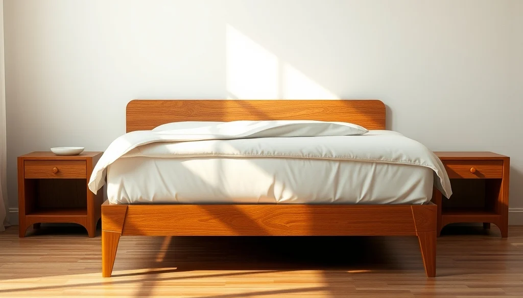Tempat tidur kayu jati dengan headboard horizontal di kamar minimalis