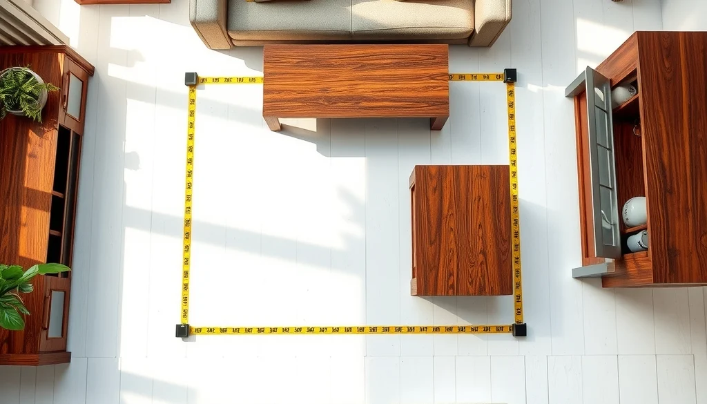 Pengukuran proporsi furniture kayu sebelum ditata di ruangan putih