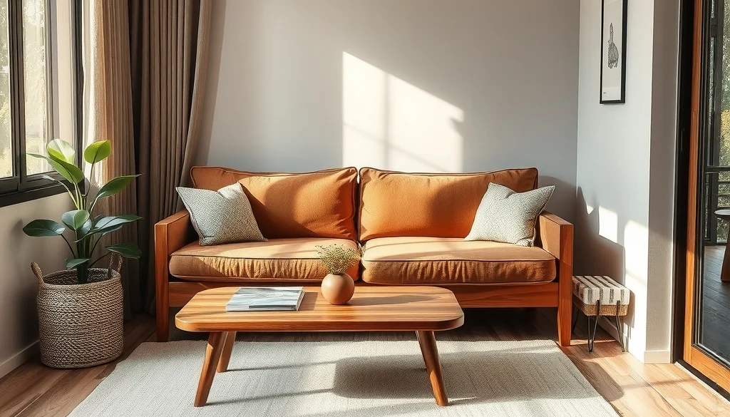 Ruang tamu lega dengan sofa dan meja kayu jati dalam konsep interior natural