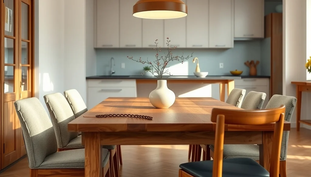 Meja makan kayu jati menjadi pusat ruang makan natural dengan lampu gantung