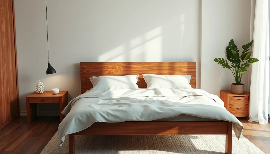 Kamar tidur tenang dengan tempat tidur kayu jati dan tekstil linen netral