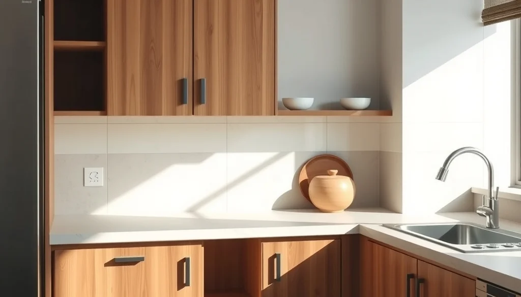 Dapur natural dengan kabinet bawah kayu jati dan countertop berwarna terang