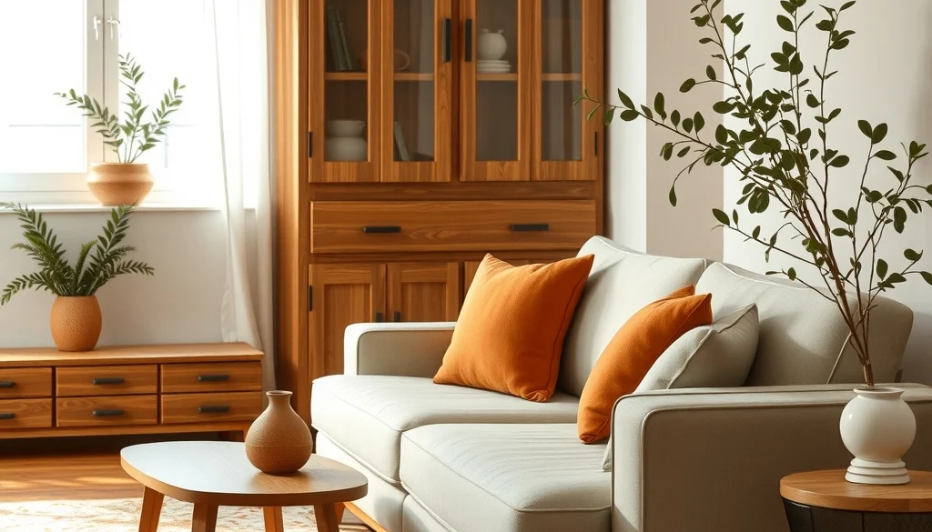 Perpaduan furniture kayu dengan warna putih hangat dan aksen warna bumi