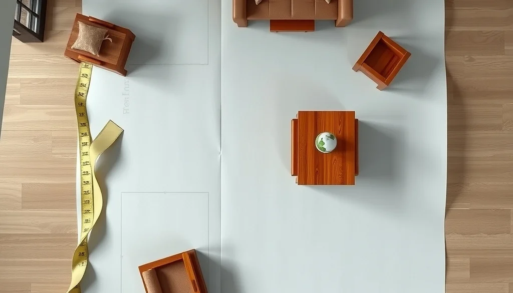 Penataan layout ruang dengan pita ukur dan simulasi posisi furniture jati