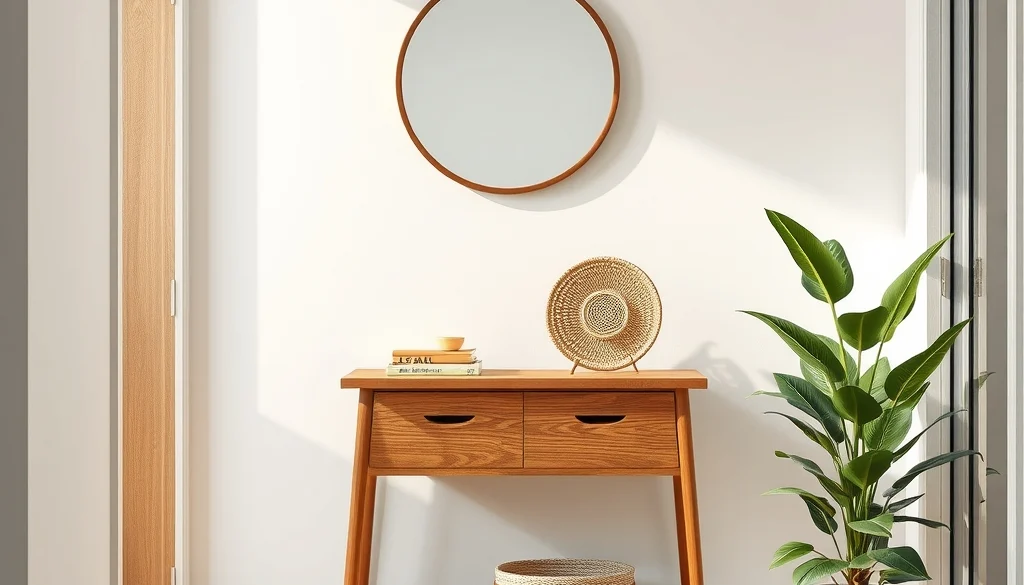 Konsol kayu jati dan tanaman pada area masuk rumah modern natural