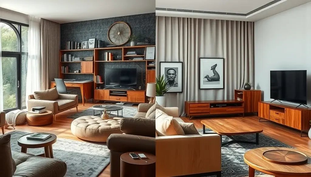 Perbandingan ruang modern yang terlalu penuh dan ruang dengan furniture jati yang tertata