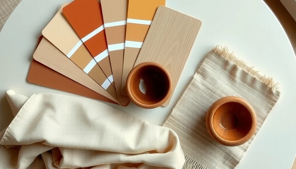 Sampel palet warna earth tone dan kayu jati untuk merancang interior
