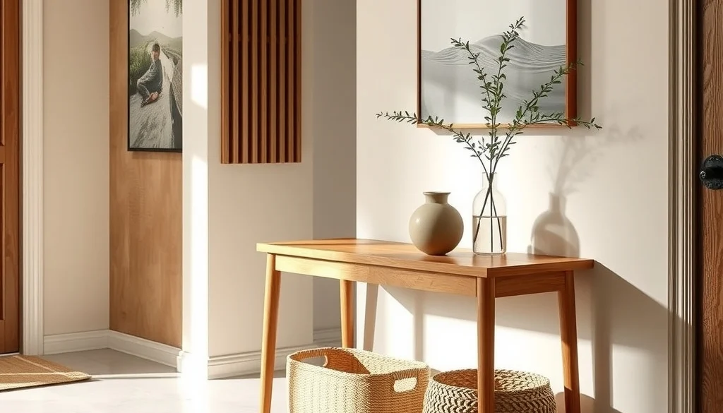 Meja konsol kayu jati natural pada foyer bernuansa earth tone
