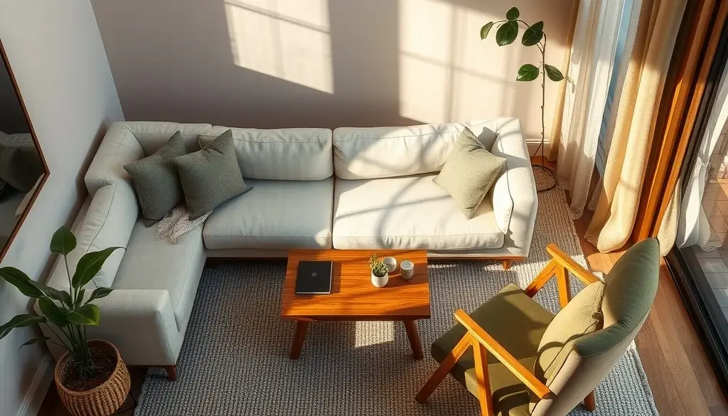 Ruang tamu earth tone dengan sofa krem dan meja kopi kayu jati