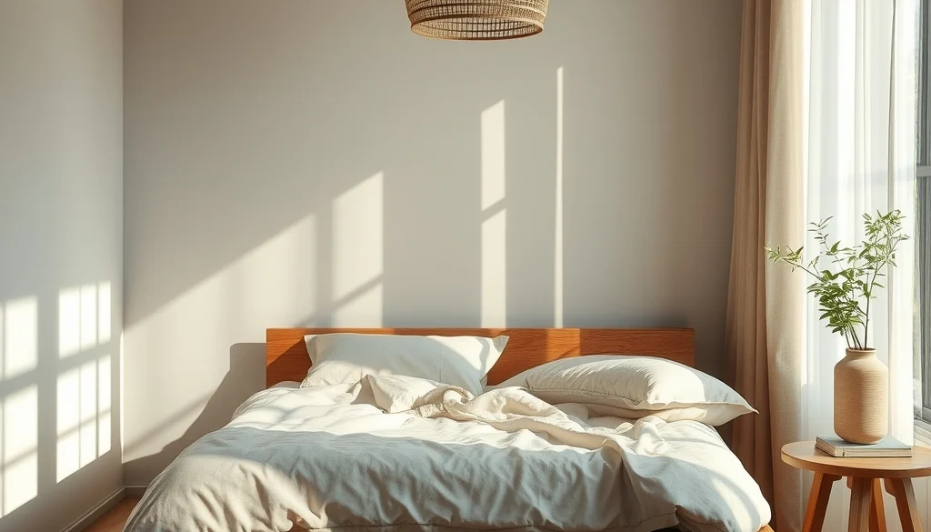 Kamar tidur tenang dengan tempat tidur kayu jati dan linen beige