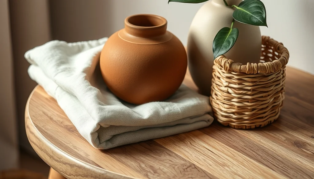 Perpaduan tekstur kayu, linen, rotan, keramik, dan tanaman pada interior earth tone