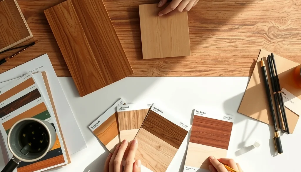 Sampel warna finishing kayu jati dibandingkan dengan palet warna interior hangat