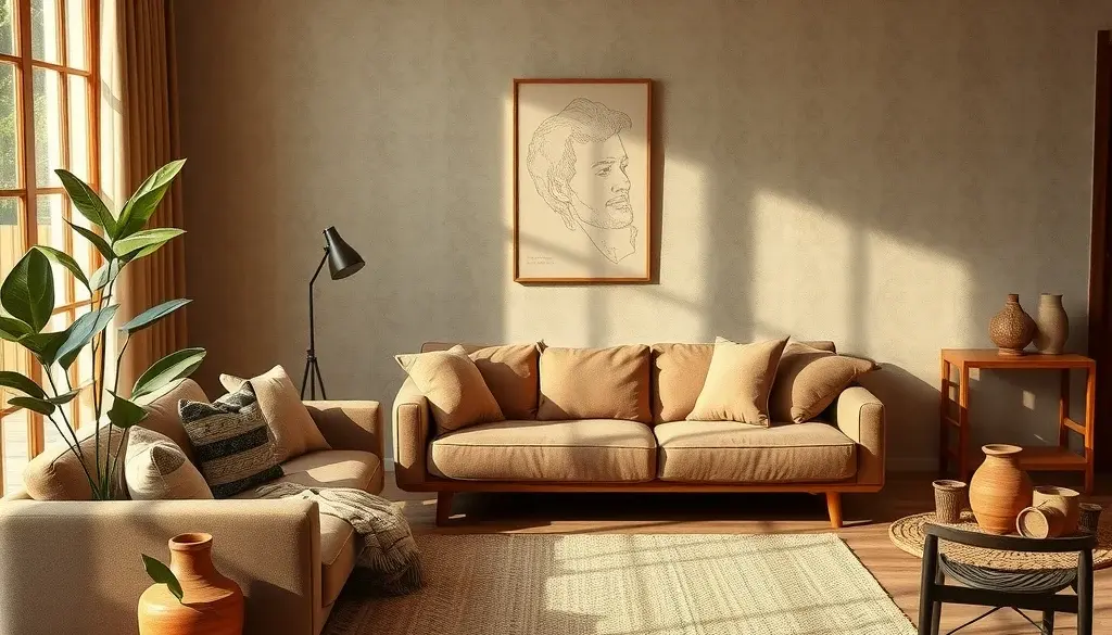 Ruang keluarga bernuansa earth tone dengan kabinet jati dan sofa taupe