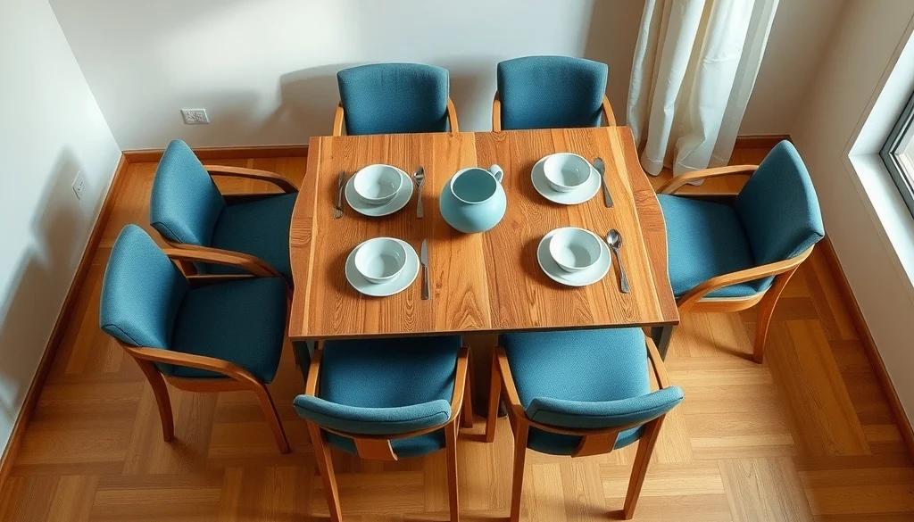 Meja makan kayu jati dengan kursi biru abu-abu di ruang makan modern