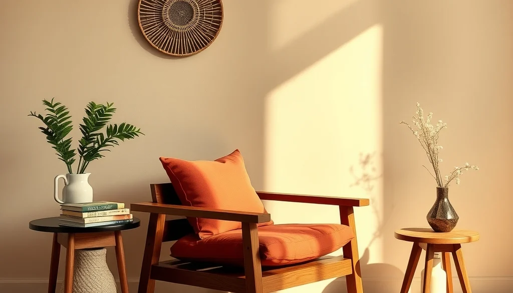 Sudut baca dengan kursi kayu jati dan aksen bantal terracotta