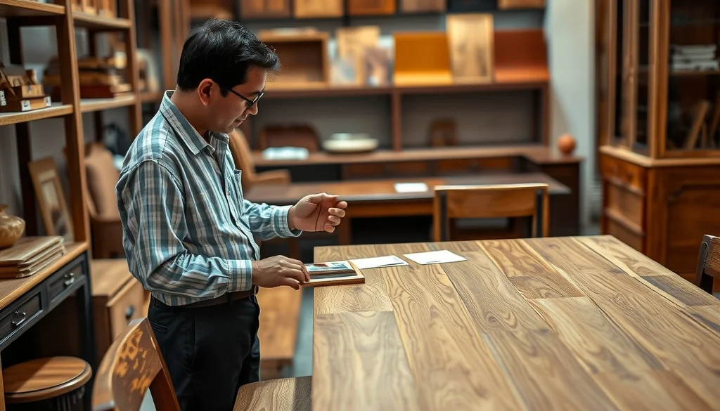 Konsultasi pilihan finishing furniture jati dengan sampel warna di showroom