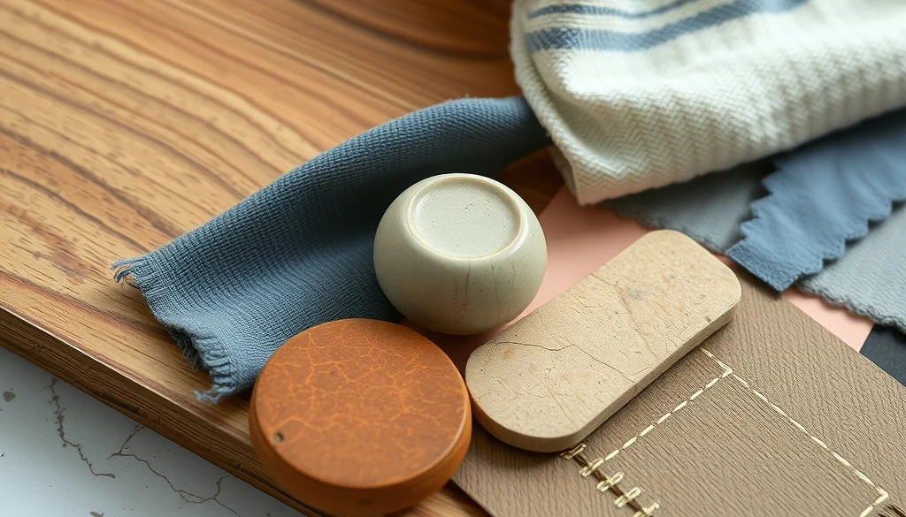 Mood board palet warna interior dengan sampel kayu jati dan tekstil