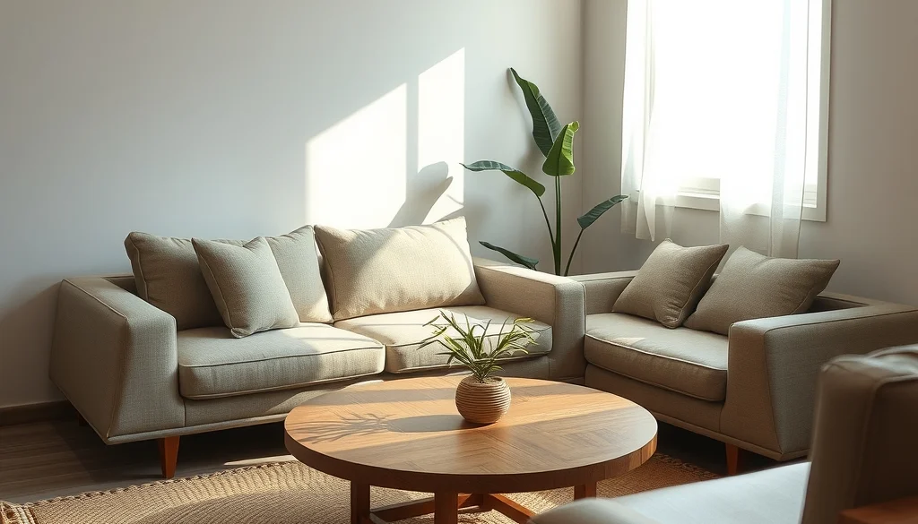 Sofa rendah dan meja kayu jati pada ruang tamu Japandi