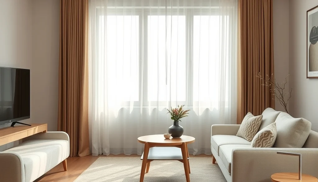 Ruang tamu Skandinavia dengan meja kayu dan sofa warna terang