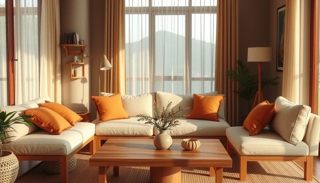 Ruang tamu earth tone dengan sofa krem dan meja kayu jati natural