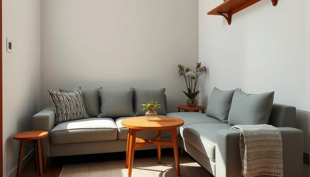 Ruang tamu kecil dengan furniture kayu multifungsi dan jalur yang lega