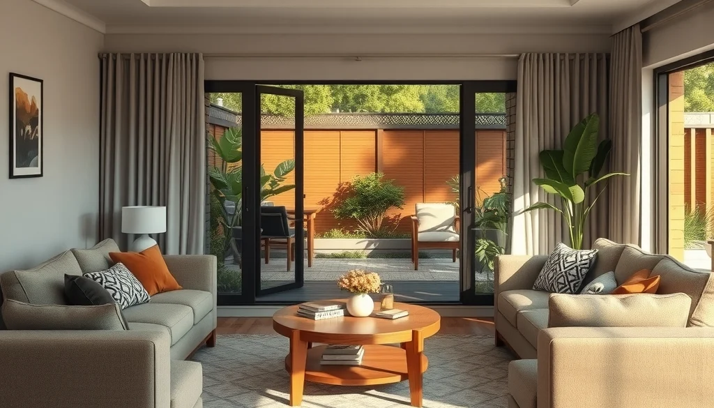 Ruang tamu keluarga modern natural dengan furniture kayu jati dan bukaan taman