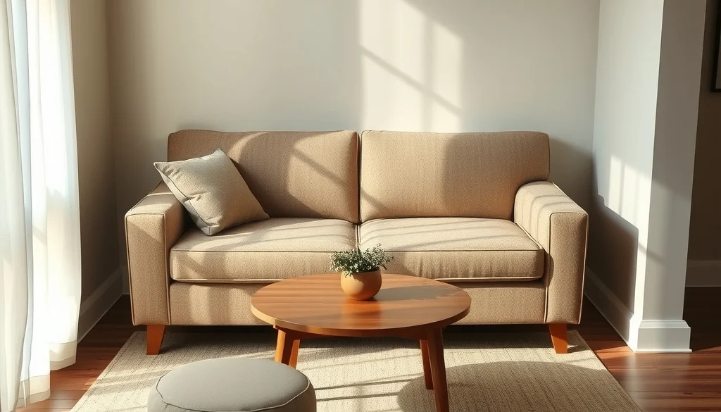 Sofa kompak dan meja kopi bundar untuk ruang tamu berukuran 3x3