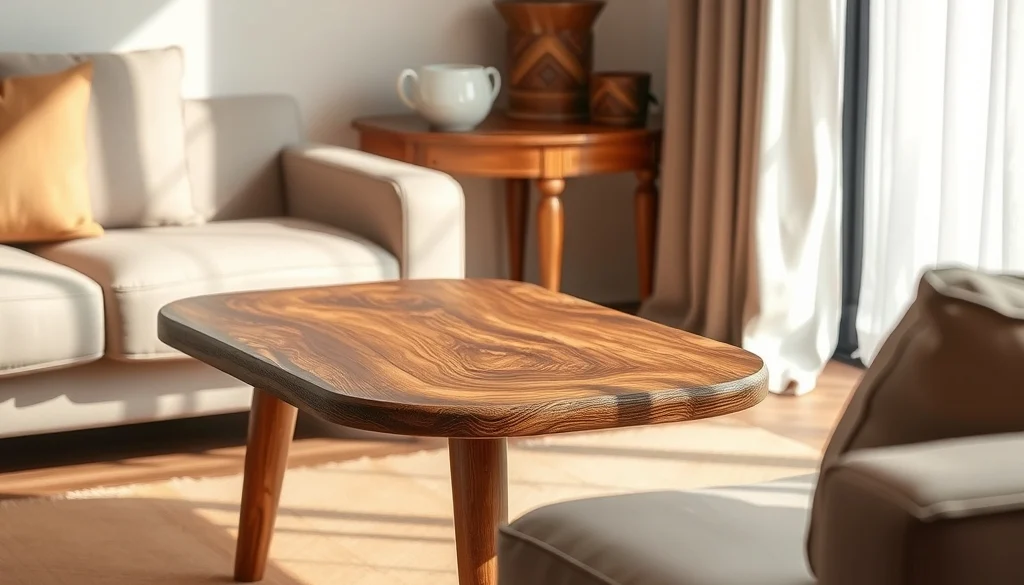 Meja kopi kayu jati dengan serat alami dan desain ramping