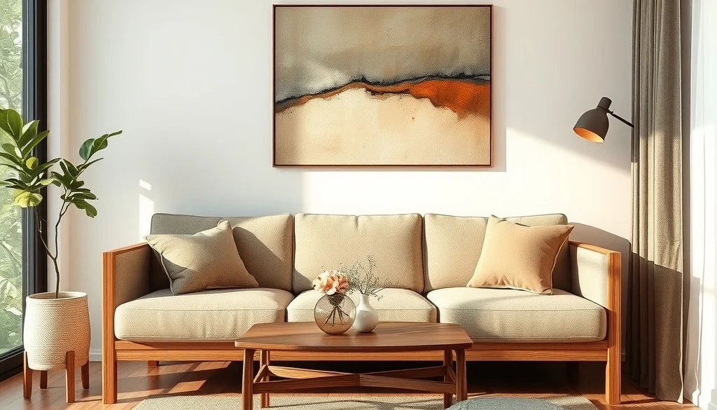Dekorasi ruang tamu dengan dinding warna netral, furniture jati, dan aksen sederhana
