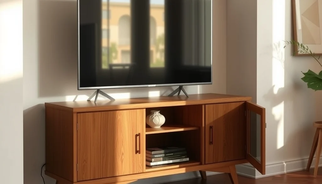 Kabinet TV kayu jati dengan penyimpanan tertutup untuk ruang tamu kecil