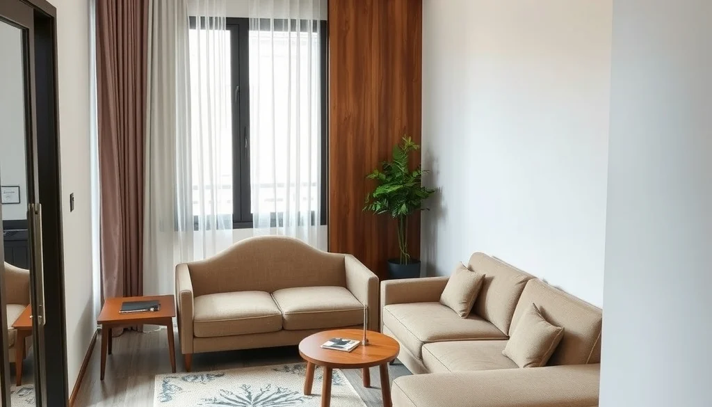 Contoh layout ruang tamu 3x3 dengan sofa L dan jalur menuju ruang keluarga
